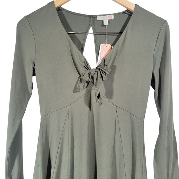 GB Olive Tie‎ Front Cutout Mini Dress XS NWT | Long Sleeve Flowy Fit - Picture 3 of 12